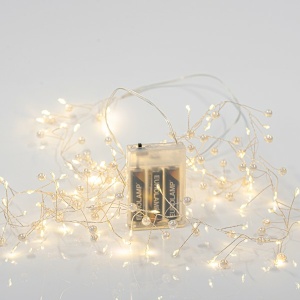 CLUSTER 2m, 120 MINI LED, ΜΕ ΠΕΡΛΕΣ, ΜΠΑΤΑΡΙΑΣ 3xAA, ΑΣΗΜΙ ΧΑΛΚΙΝΟ ΚΑΛΩΔΙΟ, ΘΕΡΜΟ ΛΕΥΚΟ LED, ΠΡΟΕΚΤΑΣΗ ΠΑΡΟΧΗΣ 50cm, IP20